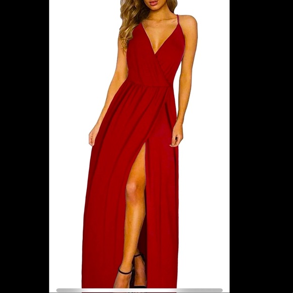💃🏻Red V-Neck Backless Split Maxi Dress - Picture 2 of 7